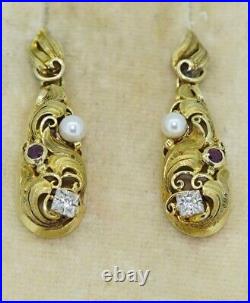 Fabulous Art Nouveau 14K Pearl Diamond Ruby Earrings