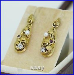 Fabulous Art Nouveau 14K Pearl Diamond Ruby Earrings