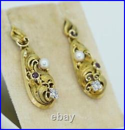 Fabulous Art Nouveau 14K Pearl Diamond Ruby Earrings