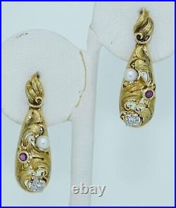 Fabulous Art Nouveau 14K Pearl Diamond Ruby Earrings