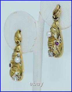 Fabulous Art Nouveau 14K Pearl Diamond Ruby Earrings