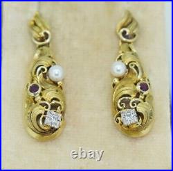 Fabulous Art Nouveau 14K Pearl Diamond Ruby Earrings