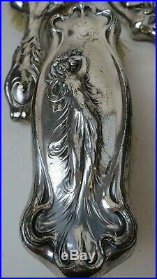 Fabulous Art Nouveau Lady Sterling Silver 3 pc Dresser Set Mirror 2 Brushes