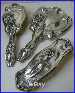 Fabulous Art Nouveau Lady Sterling Silver 3 pc Dresser Set Mirror 2 Brushes