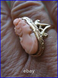 Fine Antique Art Nouveau Carved Coral Cameo Ring Solid 14k Gold Setting, Size 6