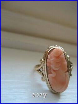 Fine Antique Art Nouveau Carved Coral Cameo Ring Solid 14k Gold Setting, Size 6