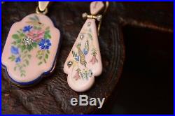 Fine Antique French Art Nouveau 18 Carat Gold Pink Enamel Locket And Earring Set