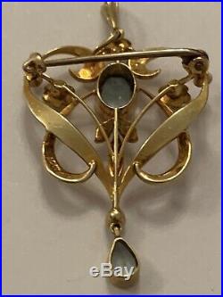 Fine Art Nouveau 15ct Gold Aquamarine & Natural Seed Pearl Set Pendant / Brooch