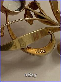 Fine Art Nouveau 15ct Gold Aquamarine & Natural Seed Pearl Set Pendant / Brooch