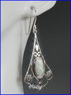 Fine Silver Opal Set Art Nouveau Style Drop Earrings