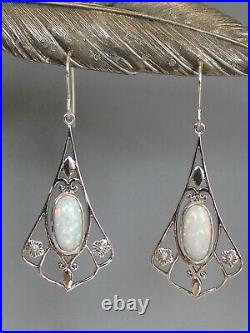 Fine Silver Opal Set Art Nouveau Style Drop Earrings