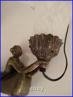 Frankart Style Laying Lady Lamp Set Figural Cast Metal Vintage Art Nouveau Nymph