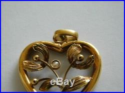 French 18ct Gold Heart Pendant, Mistletoe Set With a Pearl, Art Nouveau C1910