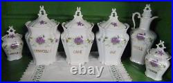 French Antique Set of 6 Porcelain Canisters Art Nouveau ORNATE PURPLE VIOLETS