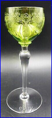 French Art Nouveau Green Crystal Hock Wine Glasses Acid Etched Floral Design Set