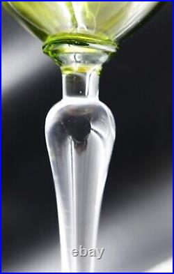 French Art Nouveau Green Crystal Hock Wine Glasses Acid Etched Floral Design Set