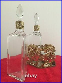 French Art Nouveau Set Bronze Jardiniere, Powder Box, & Crystal Cologne Bottles
