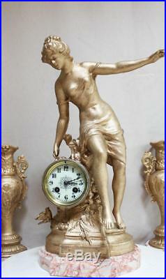French Clock Set Art Nouveau Cherub Hughe Gilded