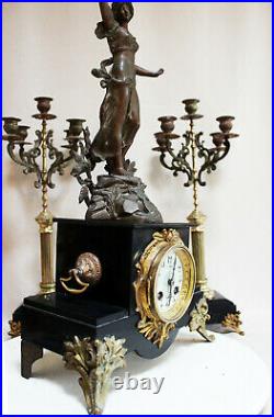 French Clock Set Art Nouveau Heavy Marble Statue Cherubs