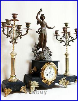 French Clock Set Art Nouveau Heavy Marble Statue Cherubs