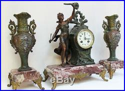 French Clock Set Art Nouveau Heavy Marble Statue Cherubs Movement Japy Freres