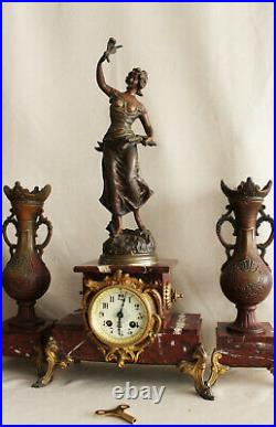 French Clock Set Art Nouveau Heavy Marble Statue G. Omer