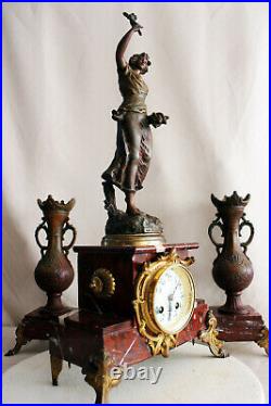 French Clock Set Art Nouveau Heavy Marble Statue G. Omer