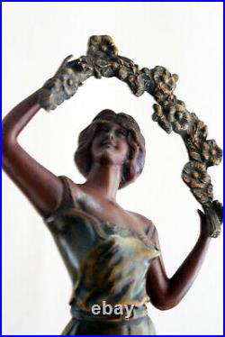 French Clock Set Art Nouveau Heavy Marble With Statue