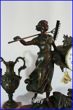 French Clock Set Art Nouveau Heavy Red Marble Statue Harvest