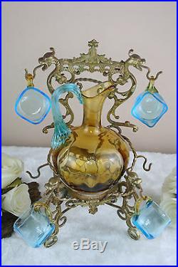 French Rare Dragon gothic Brass cave box blue LEGRAS glass set 1899