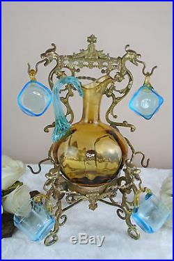 French Rare Dragon gothic Brass cave box blue LEGRAS glass set 1899