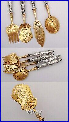 French Sterling Silver Handled 4pc Hors d'Oeuvres Serving Set, Art Nouveau decor