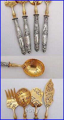 French Sterling Silver Handled 4pc Hors d'Oeuvres Serving Set, Art Nouveau decor