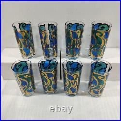 George's Briard Glasses Set Of 8 Art Nouveau Signed Blue Gold Green MCM Highball