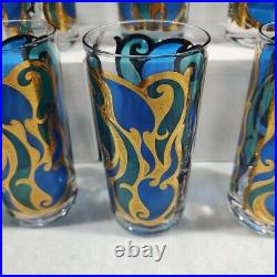 George's Briard Glasses Set Of 8 Art Nouveau Signed Blue Gold Green MCM Highball