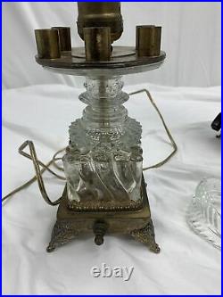 Glass Prism Crystal Chandelier Brass Cast Table Lamp Set Art Deco Nouveau