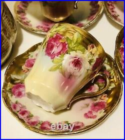 Hand Painted Royal Vienna Chocolate Pot Tea Set, 6 Cups, Pink Roses, Heavy Gold