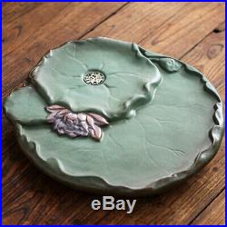 Handmade carved lotus design reservoir tea tray pottery tea table for tea set