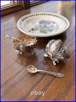 IRIS SET Floral Art Nouveau Victorian French Sterling Silver Salt Nut Dish Spoon