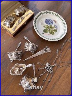IRIS SET Floral Art Nouveau Victorian French Sterling Silver Salt Nut Dish Spoon