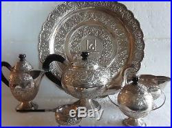 Indian Asian Sterling Silver Tea Coffee 7 Pcs Lids Repousse Hand Wrought Set 925