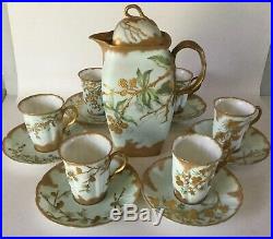 JP H&Co Limoges France CHOCOLATE Pot + 6 Cup & Saucer Set Hand Painted 1890s