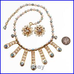 JULIANA Art Nouveau Necklace Earrings SET Moon Stone Gold Rhinestone Festoon