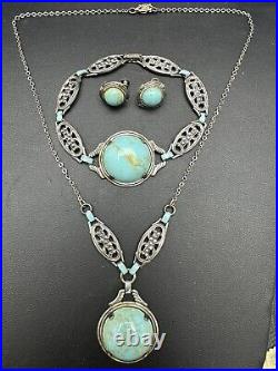 Jugendstil Nouveau Necklace Bracelet Earrings Set Sterling Czech Art Glass