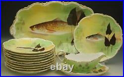 LIMOGES PORCELAIN FISH SERVING SET 12 pc PLATTER 10 PLATES GRAVY BOAT ANTIQUE