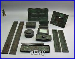 Large 13-Piece TIFFANY PINE NEEDLE Bronze & Slag Glass Desk Set c. 1900 antique