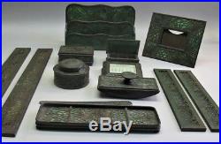Large 13-Piece TIFFANY PINE NEEDLE Bronze & Slag Glass Desk Set c. 1900 antique