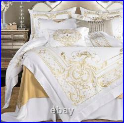 Luxury Egyptian Cotton Gold White Baroque Embroide Queen 3 Piece Bedding Set