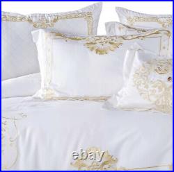 Luxury Egyptian Cotton Gold White Baroque Embroide Queen 3 Piece Bedding Set