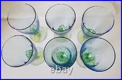 NEW Set 6 Bormioli Rocco BAHIA PATTERN Glass WATER GOBLETS Blue & Green stem
